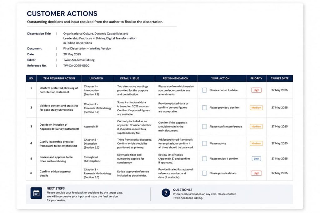 Example Customer Actions record showing remaining academic decisions and actions that require the author's authority